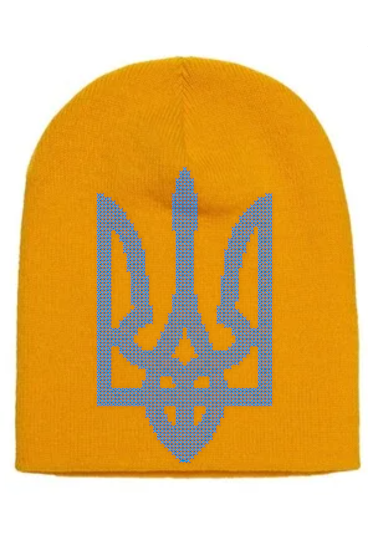 Knitted beanie hat with cross stitch embroidery "Tryzub"