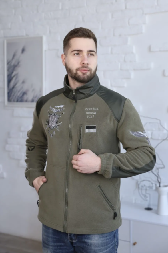 Men's Embroidered full-zip fleece jacket "Ukrainian Power" Green