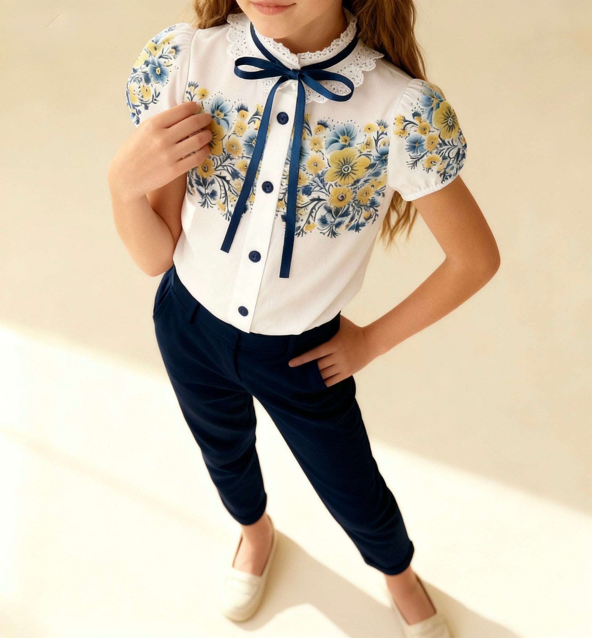 Girl's  short sleeve white top "Blooming Ukraine"