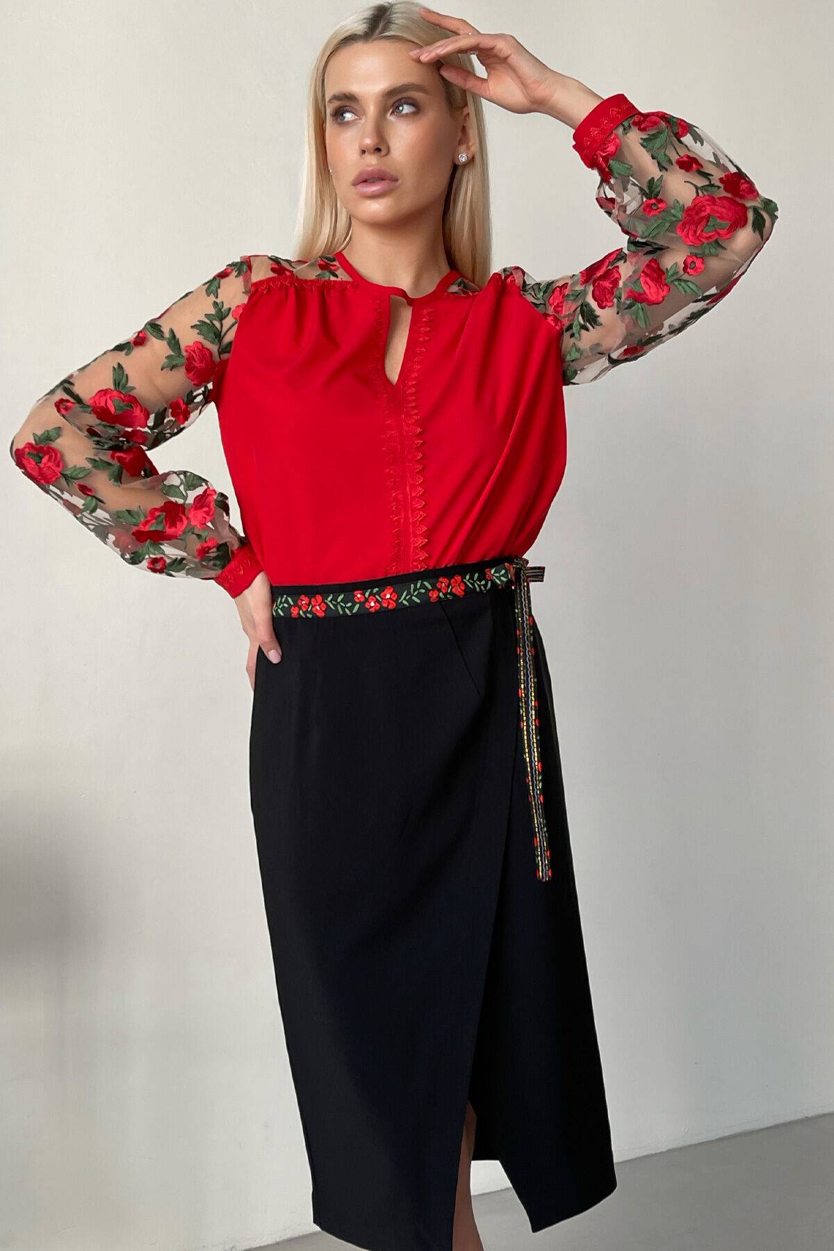 Ladies red blouse with poppy embroidery