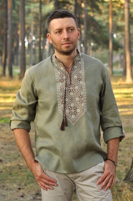 Men's embroidered linen shirt. Military