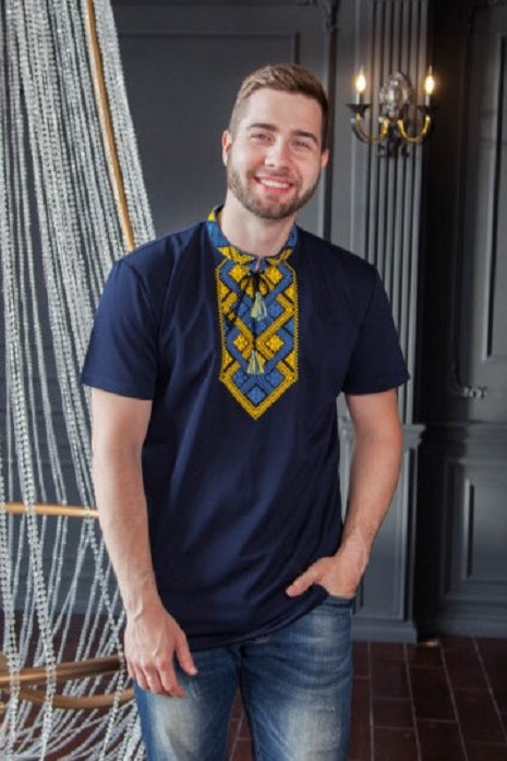 Men's short sleeve navy shirt with blue & yellow embroidery