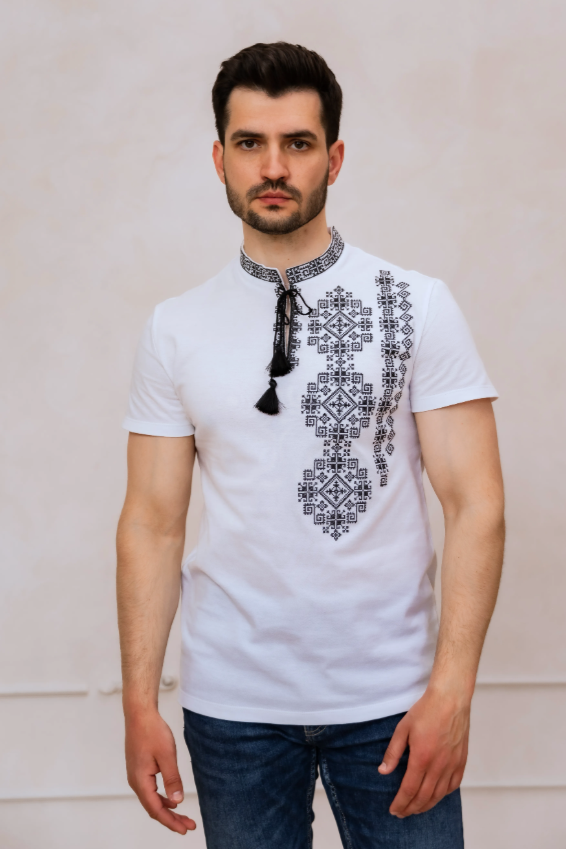 Men's short sleeve white shirt with white embroidery "Volyn"