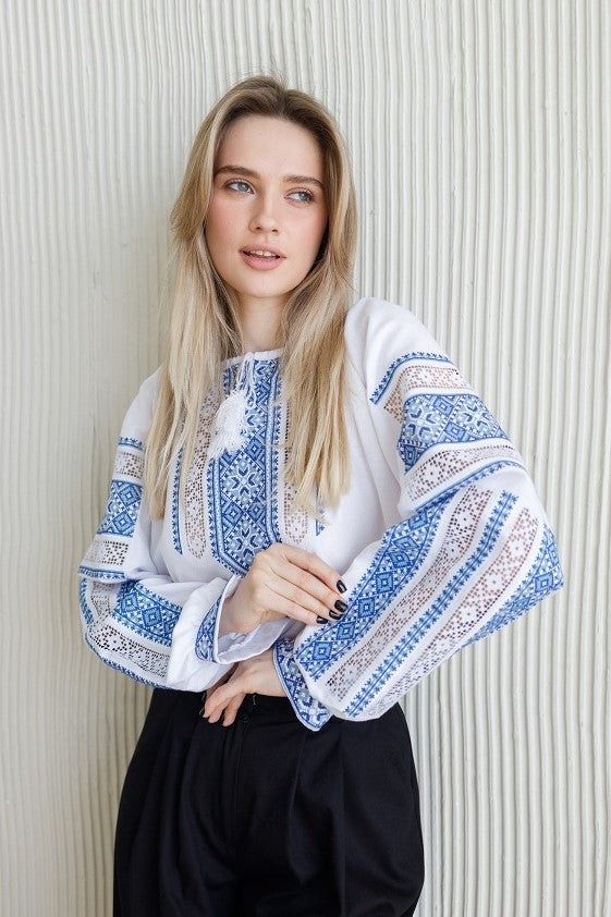 Ukrainian white blouse "Richelieu" Blue