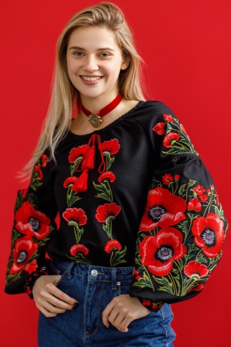 Ukrainian embroidered blouse "Poppy bloom" black