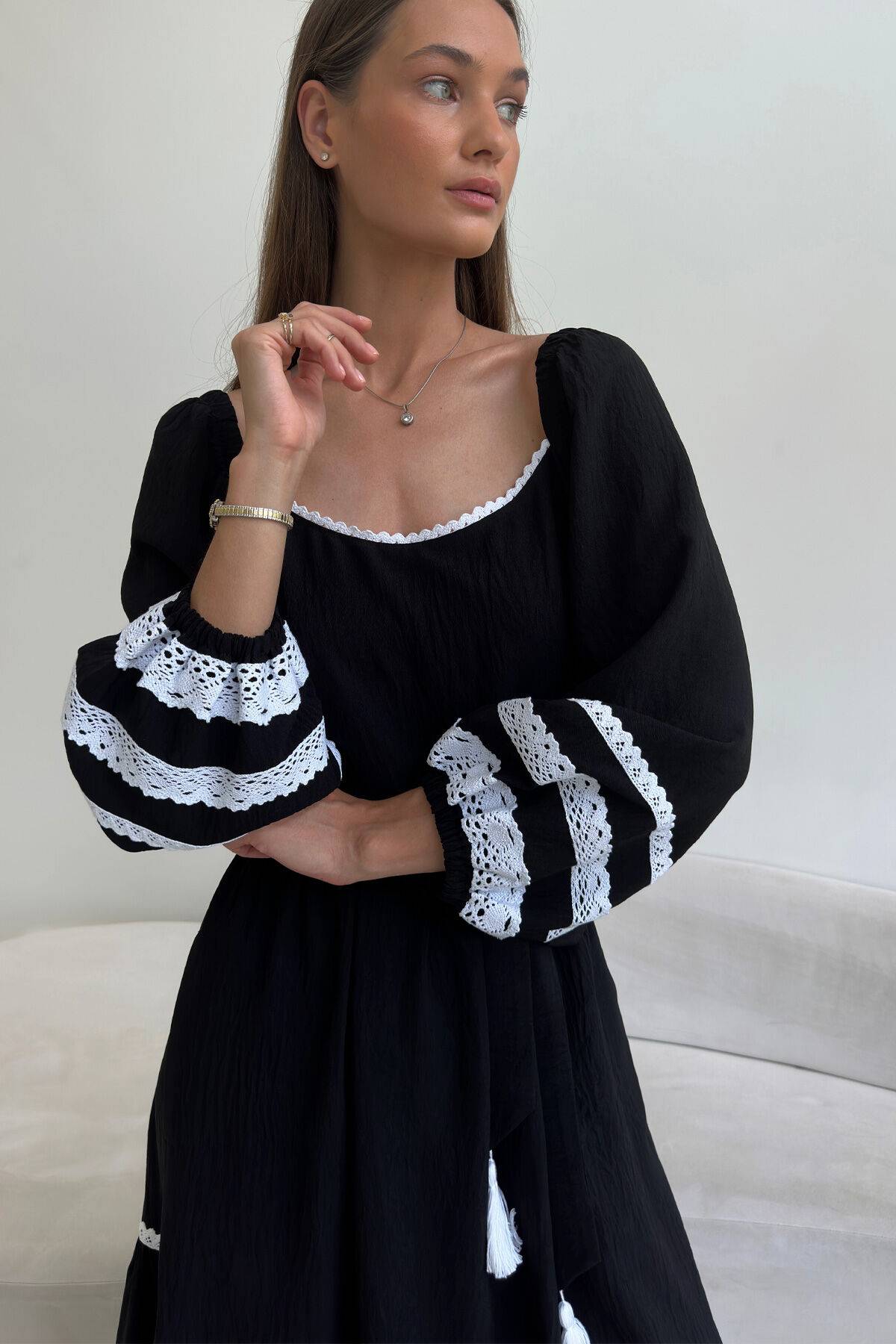 Ukrainian black dress with white lace