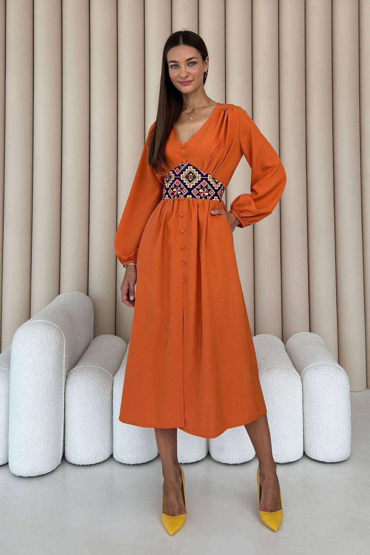 Ukrainian orange color dress with empire waist