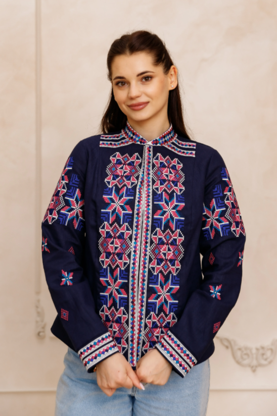 Ukrainian women's embroidered Eco jacket Navy blue