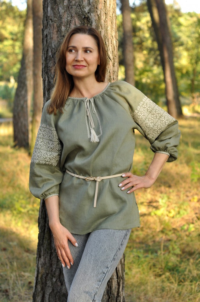 Women's 3/4 sleeve linen Vyshyvanka. Military