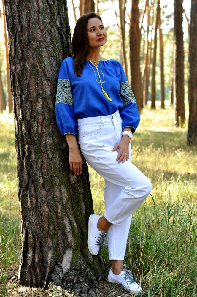 Women's 3/4 sleeve patriotic Vyshyvanka. Blue