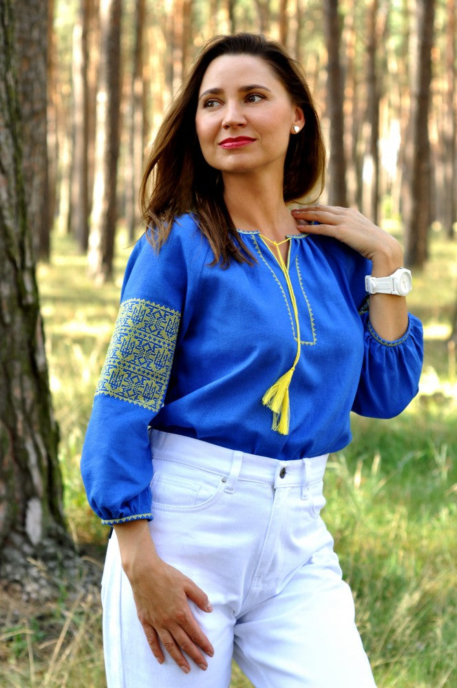 Women's 3/4 sleeve patriotic Vyshyvanka. Blue