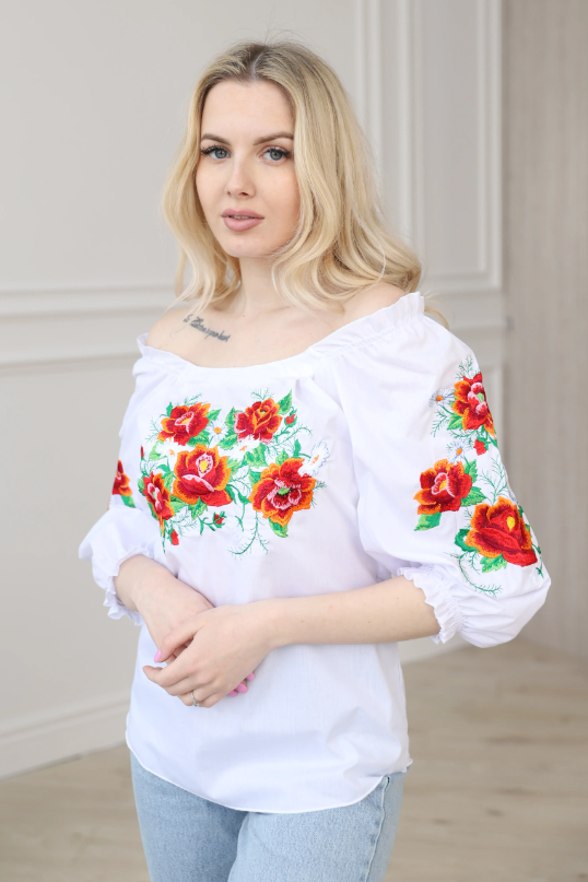 Ukrainian women's blouse "Poppies and daisies"