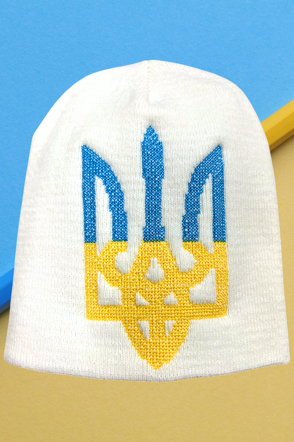 Knitted beanie hat with cross stitch embroidery "Tryzub"