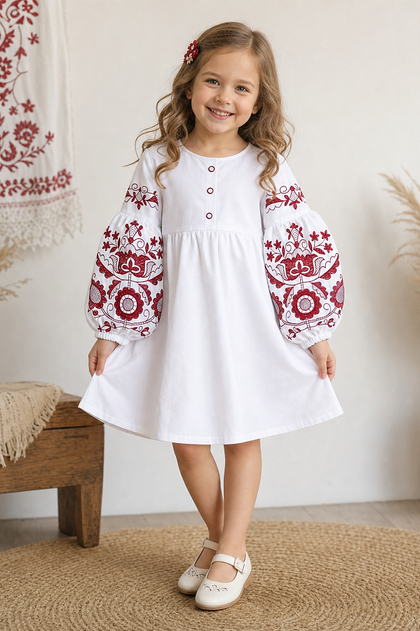 Girl's Ukrainian white dress with red embroidery