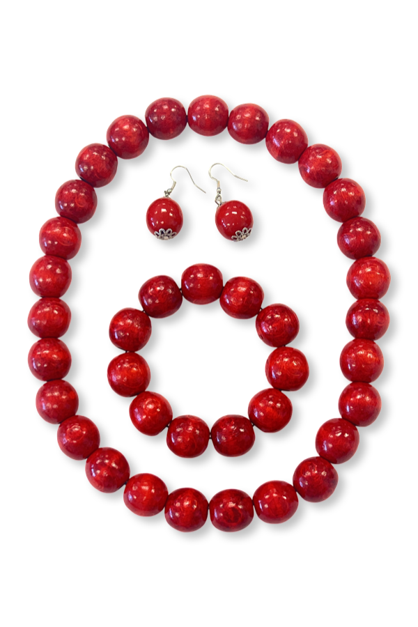 Artisan crafted wood jewelry set. Red