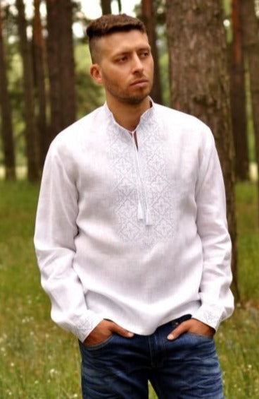 Men's Vyshyvanka. White shirt with white/silver embroidery