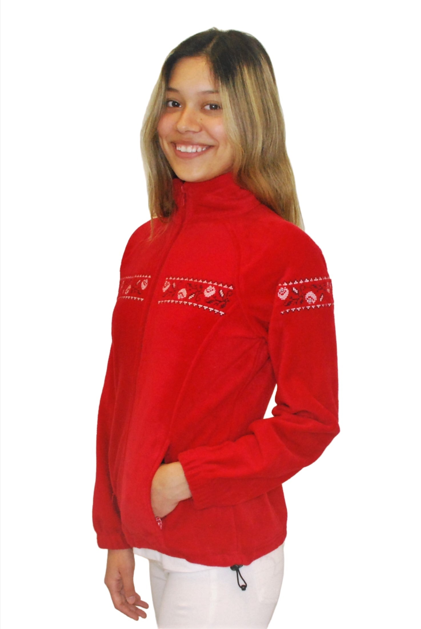 Women's embroidered full-zip fleece jacket. Red