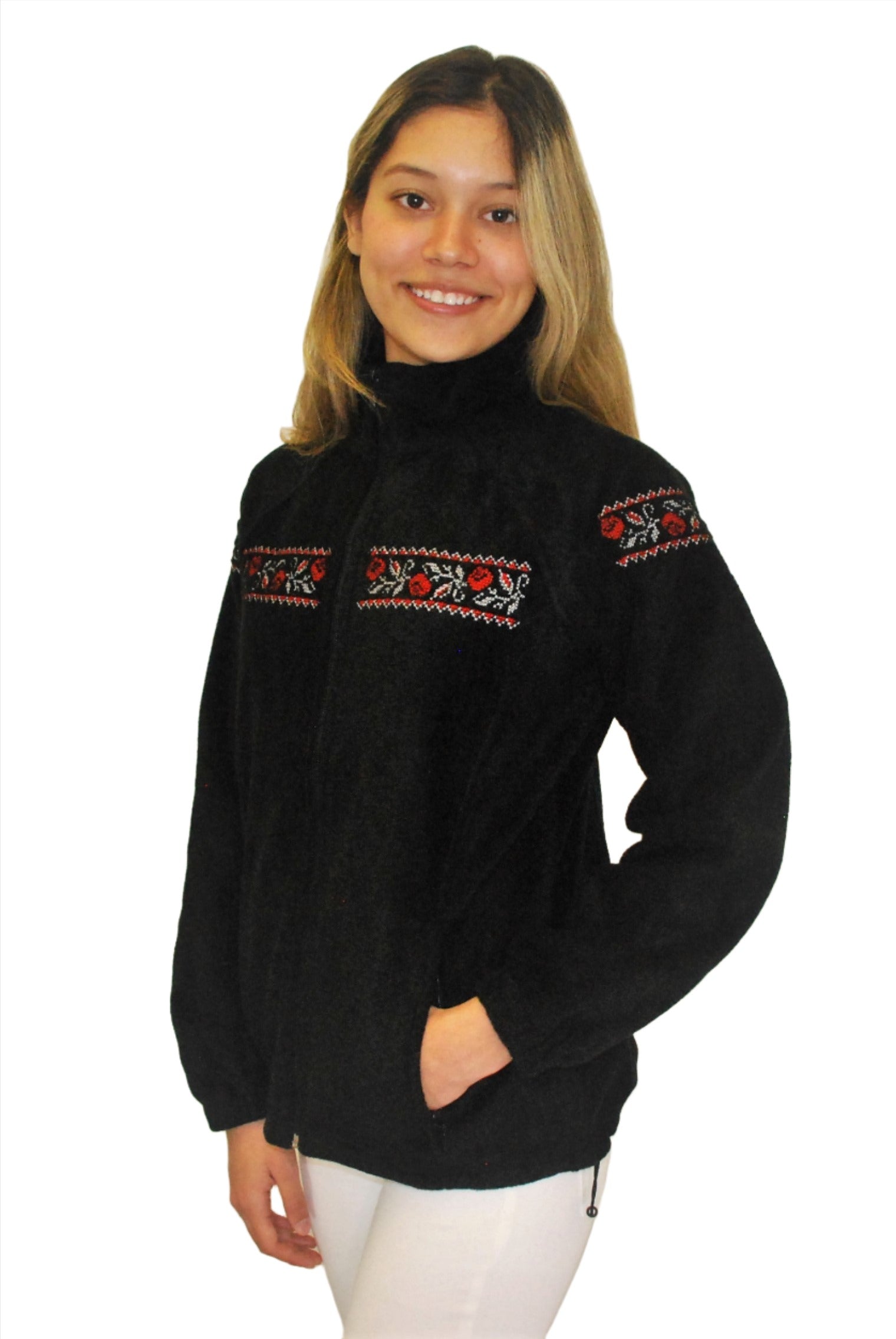 Women's embroidered full-zip fleece jacket. Black