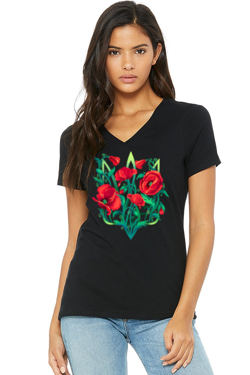 Female fit v-neck t-shirt "Poppy Tryzub"