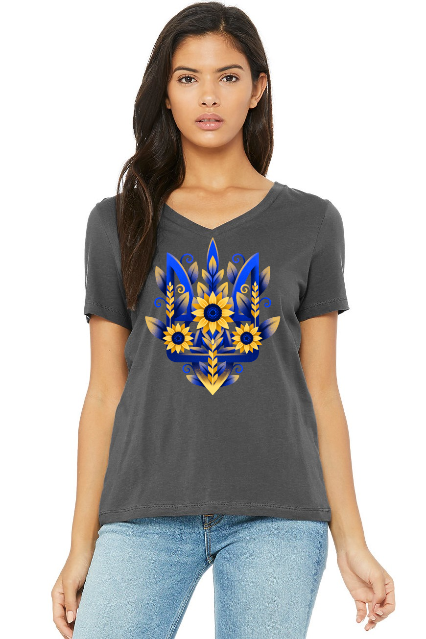 Female fit v-neck t-shirt "Sunflower Tryzub"