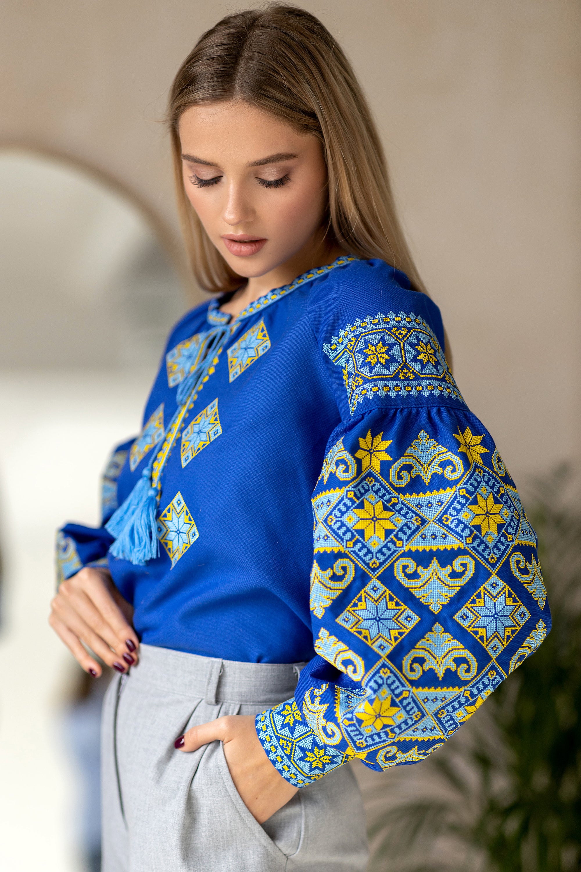 Ukrainian cotton blouse "Do Peremohy" blue