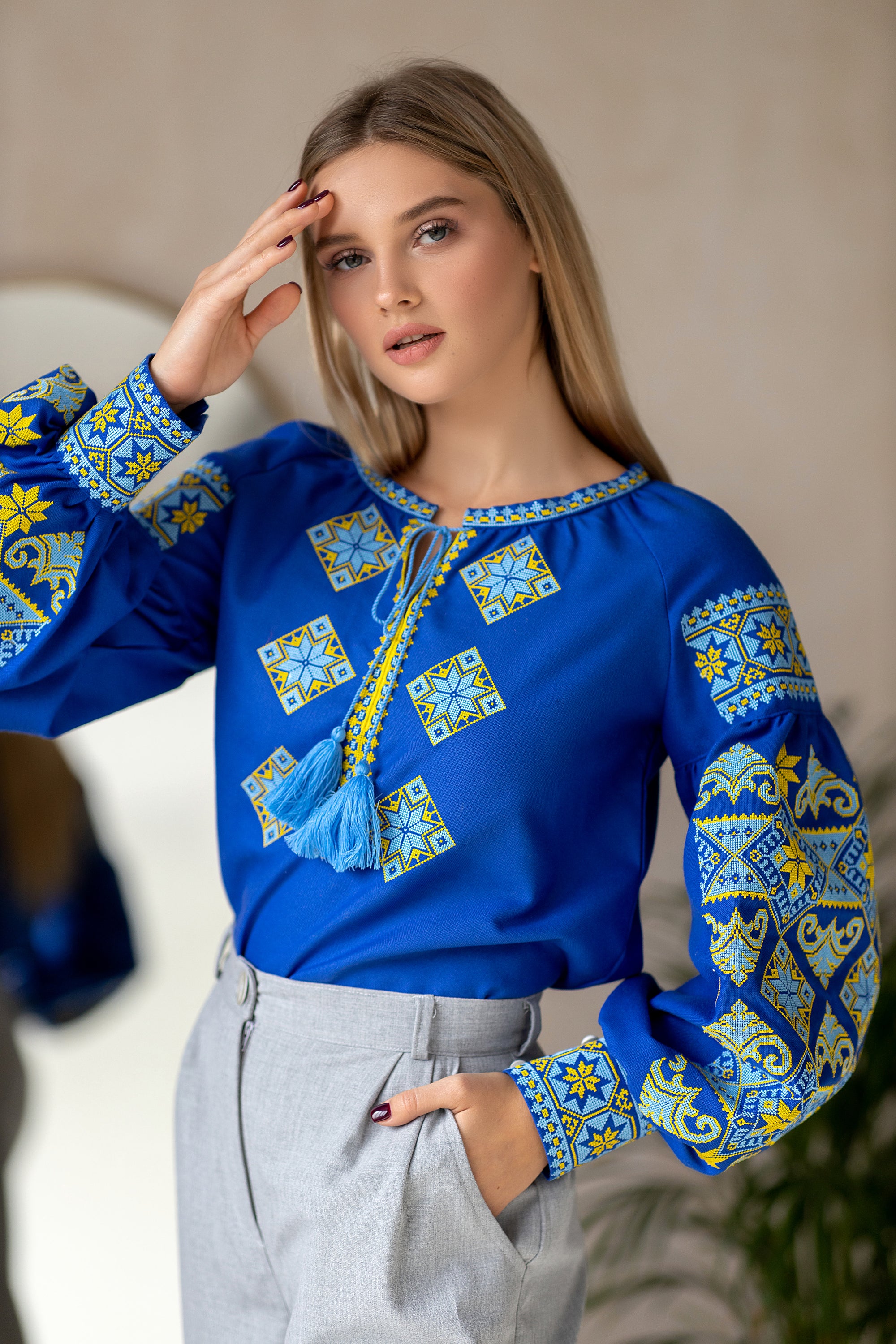 Ukrainian cotton blouse "Do Peremohy" blue