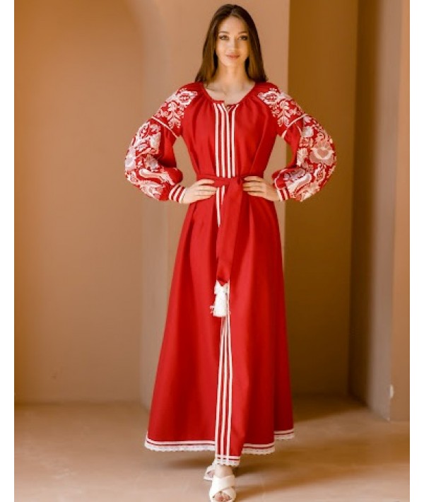 Ukrainian long embroidered dress "Roksolana" red