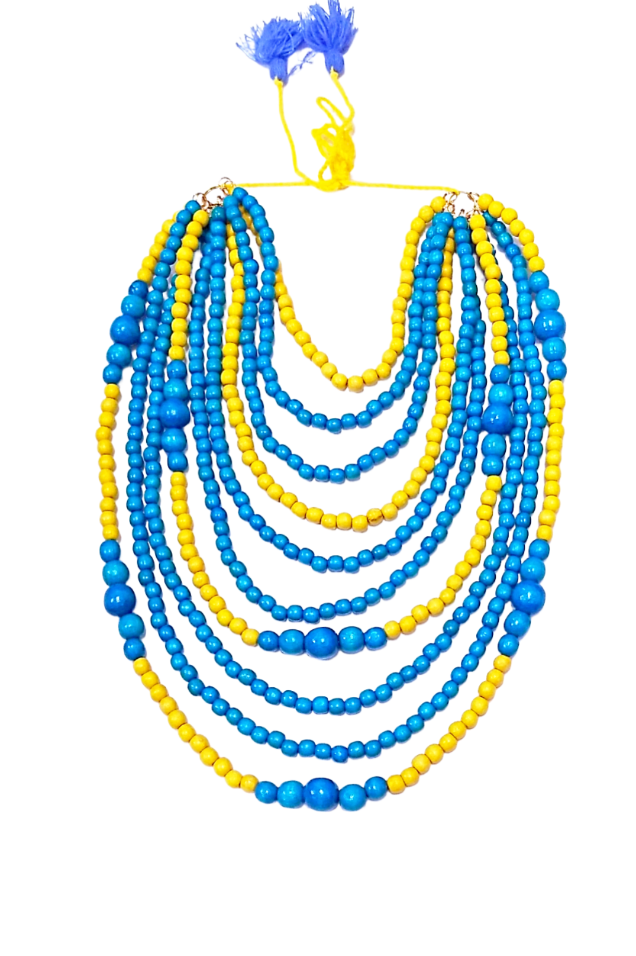 Artisan crafted wooden bead 10-strand necklace. Blue and yellow